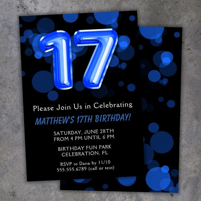 17th Birthday Balloons Kids Blue Boy Party Invitation (Creator Uploaded)