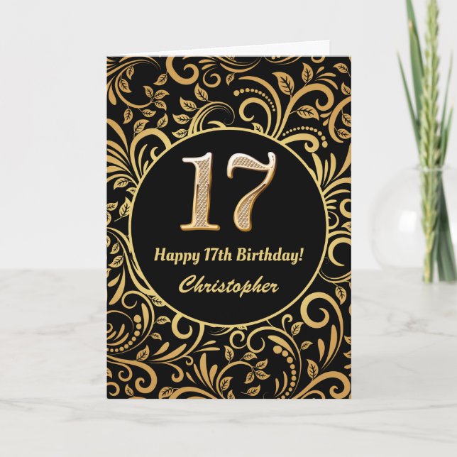 17th Birthday Black and Gold Floral Pattern Card (Front)