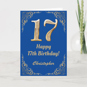17th Birthday Blue and Gold Glitter Frame Card