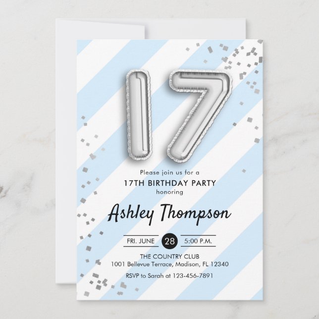 17th Birthday - Blue Stripes and Silver Balloons Invitation (Front)