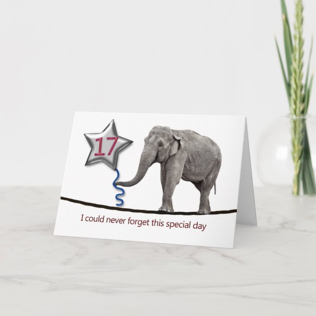 17th Birthday card with tightrope walking elephant (Front)