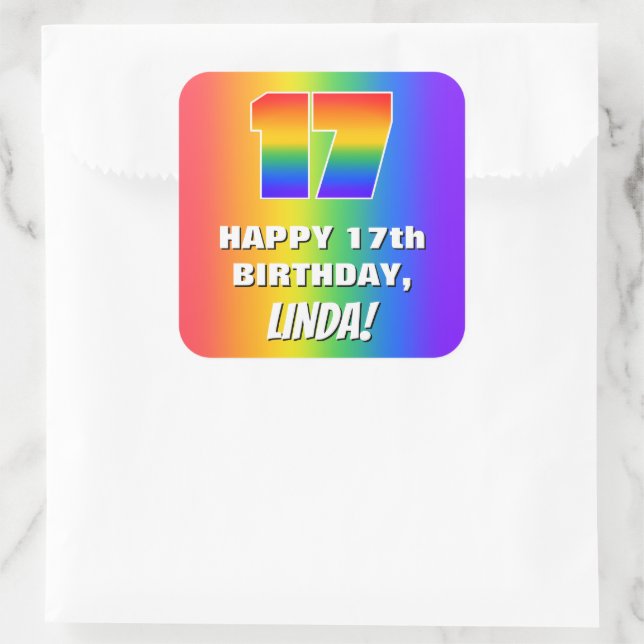 17th Birthday: Colorful, Fun Rainbow Pattern # 17 Square Sticker (Bag)