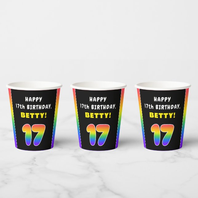 17th Birthday: Colourful Rainbow # 17, Custom Name Paper Cups (Multi)