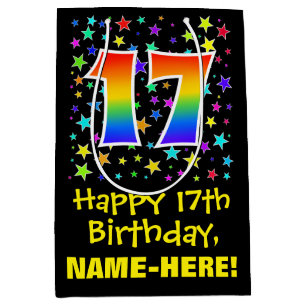 17th Birthday: Colourful Stars Pattern & Rainbow 1 Medium Gift Bag