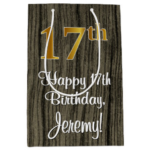 17th Birthday: Elegant Faux Gold Look #, Faux Wood Medium Gift Bag