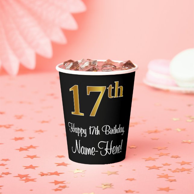 17th Birthday - Elegant Luxurious Faux Gold Look # Paper Cups (Insitu)