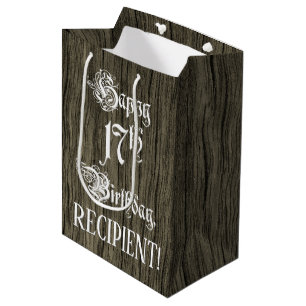 17th Birthday: Fancy, Faux Wood Look + Custom Name Medium Gift Bag