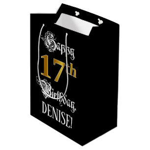 17th Birthday ~ Fancy Script; Faux Gold Look; Name Medium Gift Bag