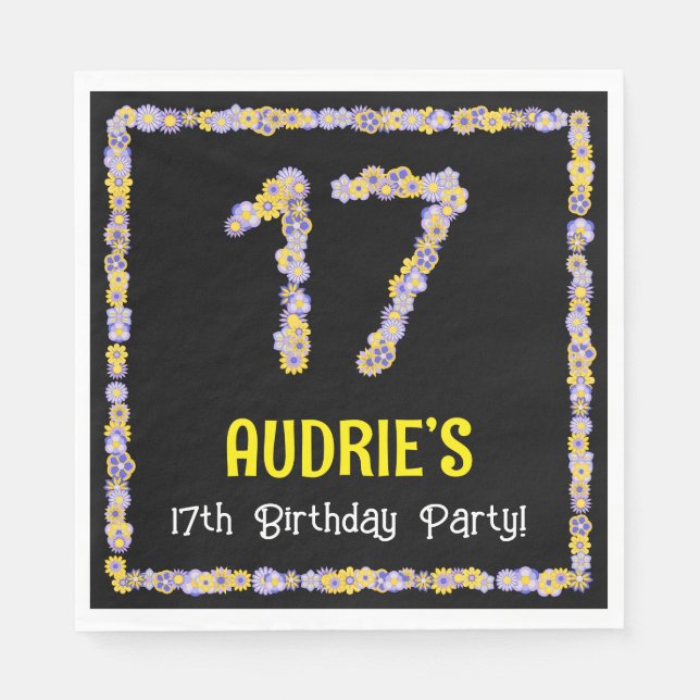 17th Birthday: Floral Flowers Number, Custom Name Napkin (Front)