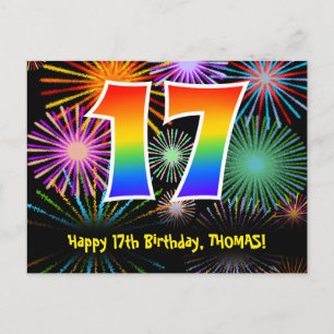 17th Birthday – Fun Fireworks Pattern + Rainbow 17 Postcard