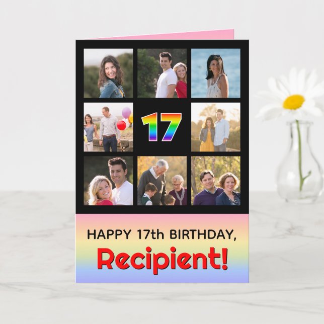 17th Birthday: Fun Rainbow #, Custom Photos + Name Card (Small Plant)