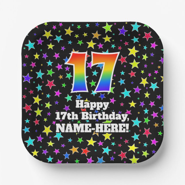 17th Birthday: Fun Stars Pattern and Rainbow “17” Paper Plate (Front)