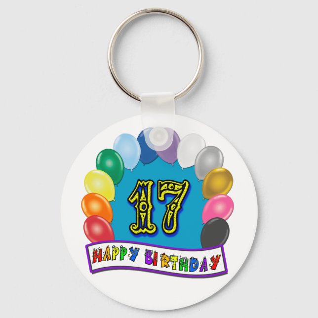 17th Birthday Gifts with Assorted Balloons Design Key Ring (Front)