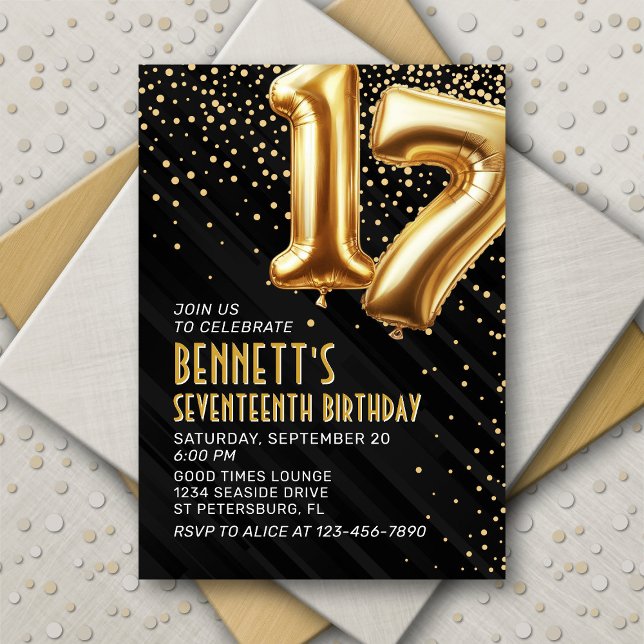 17th Birthday Gold Black Invitation (Creator Uploaded)