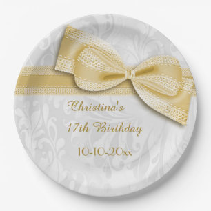 17th Birthday Gold Damask and Faux Bow Paper Plate