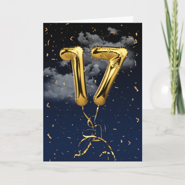 17th Birthday Gold Mylar Balloon and Confetti Card (Front)
