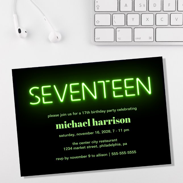17th Birthday Green Neon Lights Party Invitation (Creator Uploaded)