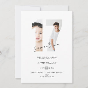 17th Birthday Invitation Boys with Photo - White