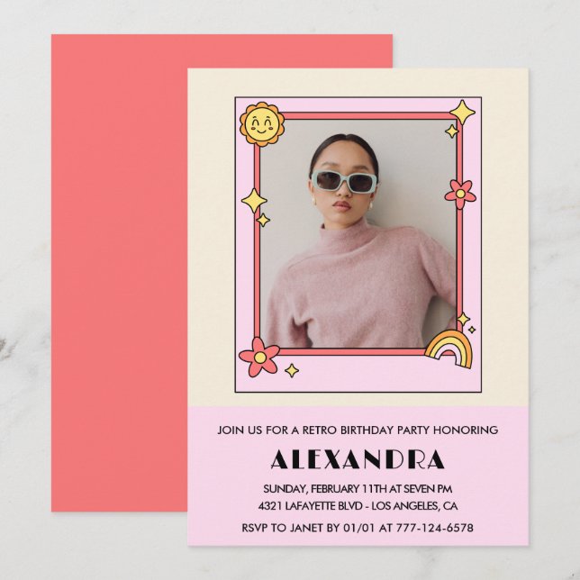 17th birthday invitation Retro Groovy Pink Floral (Front/Back)