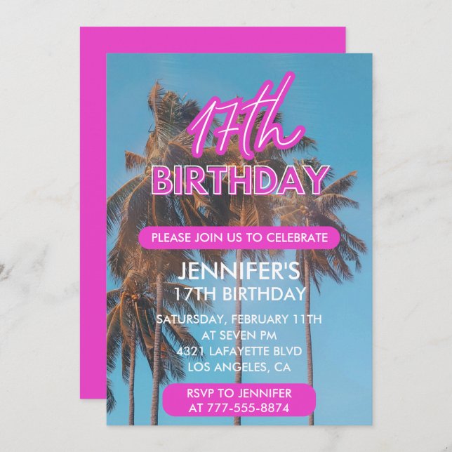 17th birthday invitation Summer Tropical Palm tree (Front/Back)