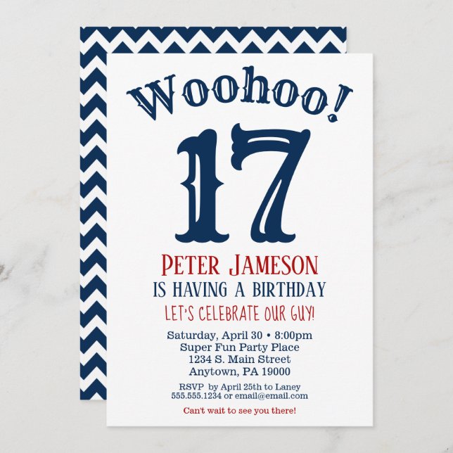 17th Birthday Invitation Teen Boy Navy Blue (Front/Back)
