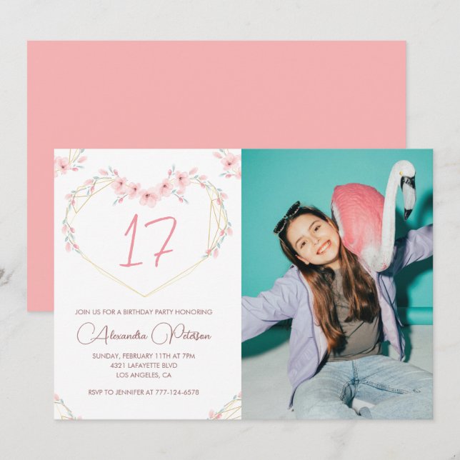 17th birthday invitations Boho Floral Photo (Front/Back)