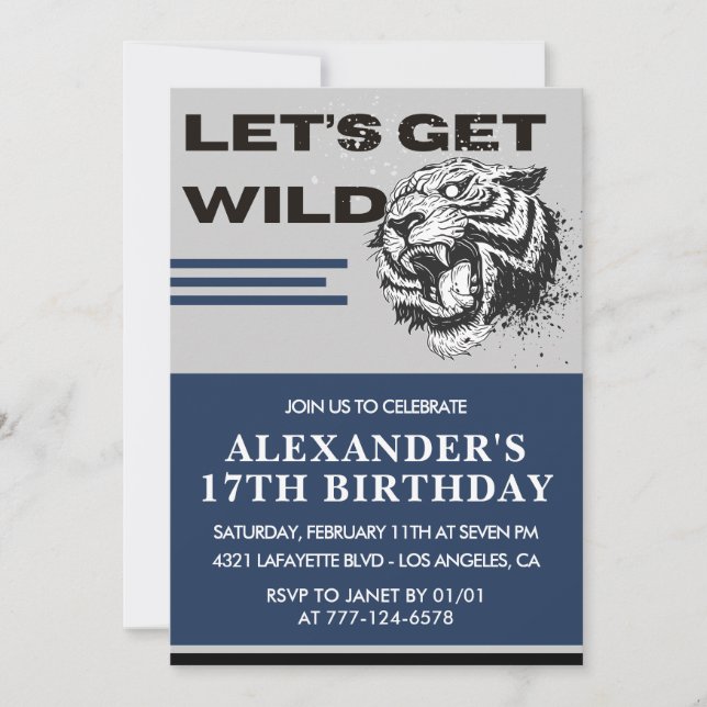 17th birthday invitations Men Party Let's Get Wild (Front)