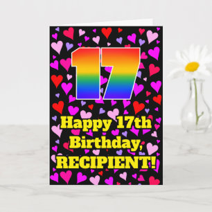 17th Birthday: Loving Hearts Pattern, Rainbow # 17 Card