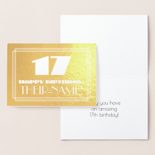 17th Birthday: Name + Art Deco Inspired Look "17" Foil Card (Display)