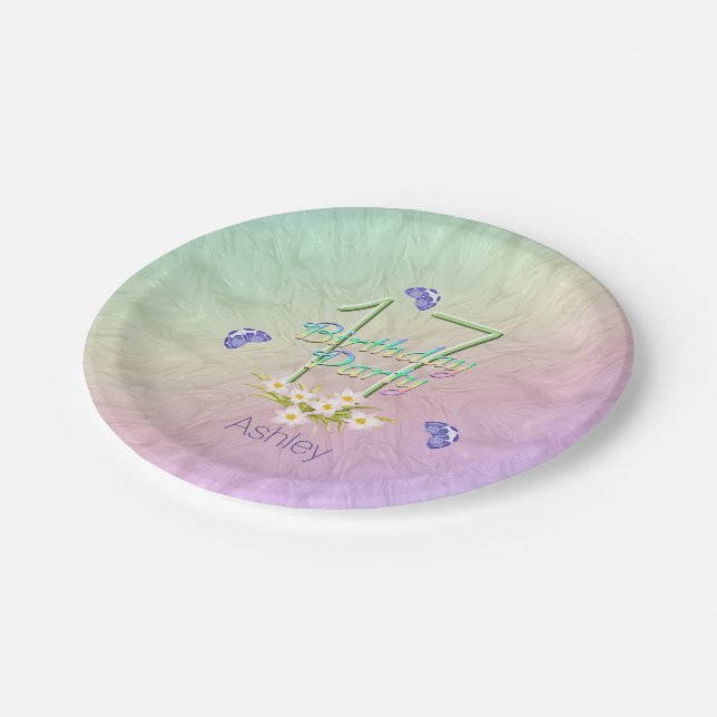 17th Birthday Party Butterflies and Wildflowers Paper Plate (Angled)