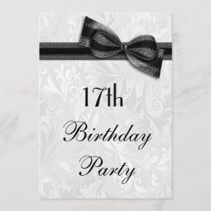 17th Birthday Party Damask and Faux Bow Invitation