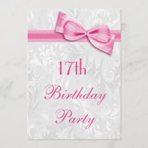 17th Birthday Party Damask and Pink Faux Bow Invitation