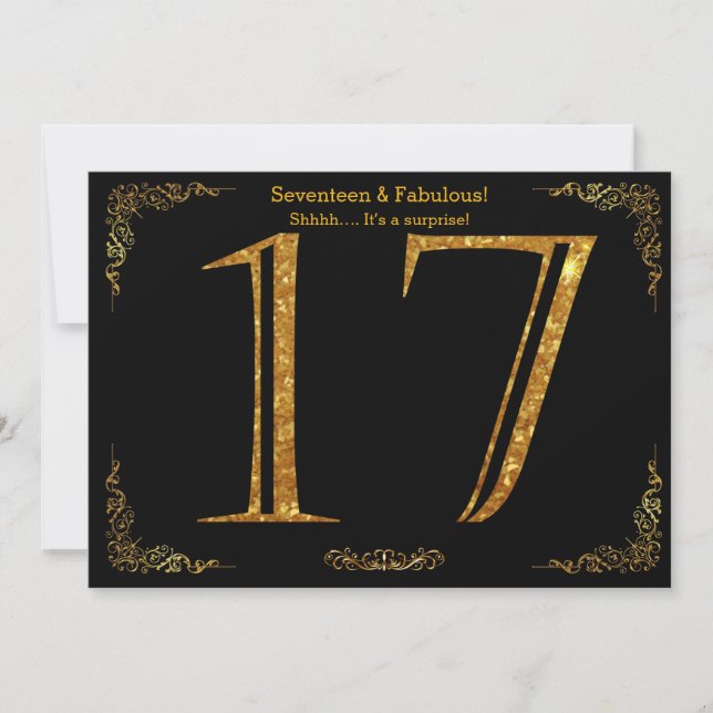 17th Birthday party,Gatsby styl,black gold glitter Invitation (Front)