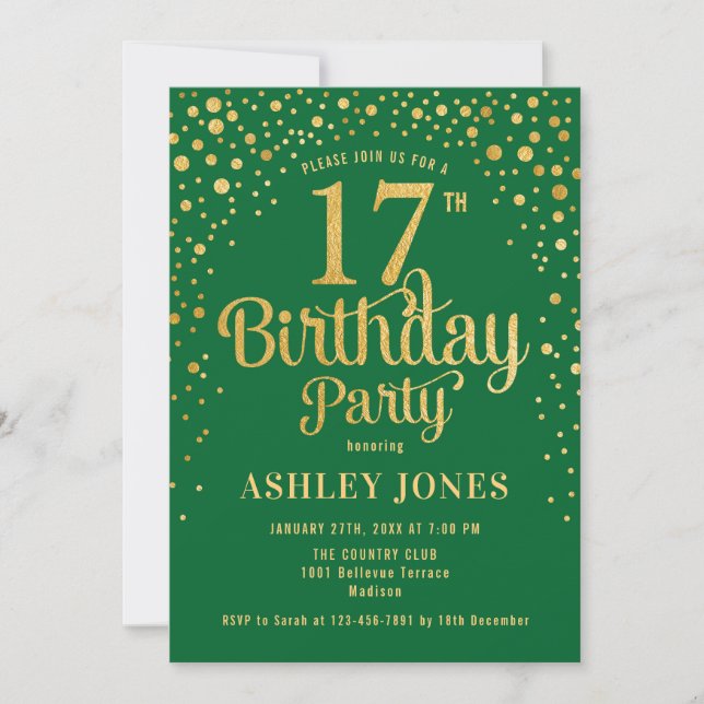 17th Birthday Party - Green & Gold Invitation (Front)