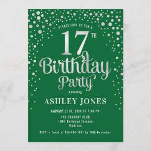 17th Birthday Party - Green & Silver Invitation