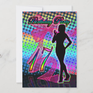 17th Birthday Party Invitation, Neon With Female S Invitation