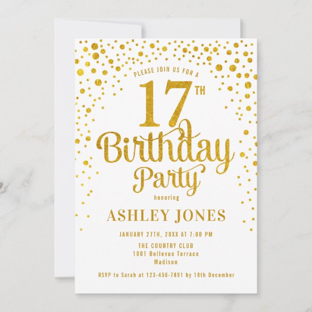 17th Birthday Party - White & Gold Invitation (Front)
