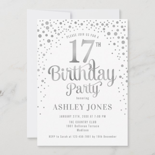 17th Birthday Party - White & Silver Invitation (Front)