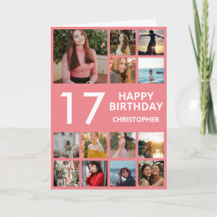 17th Birthday Photo Collage 13 Photos Pink & White Card