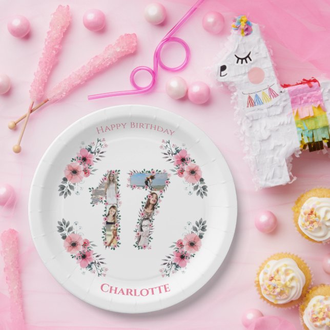 17th Birthday Photo Collage Girl Pink Flower White Paper Plate (Party)