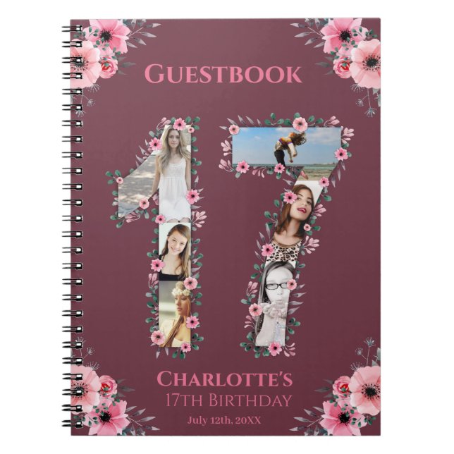 17th Birthday Photo Collage Pink Flower Guest Book (Front)