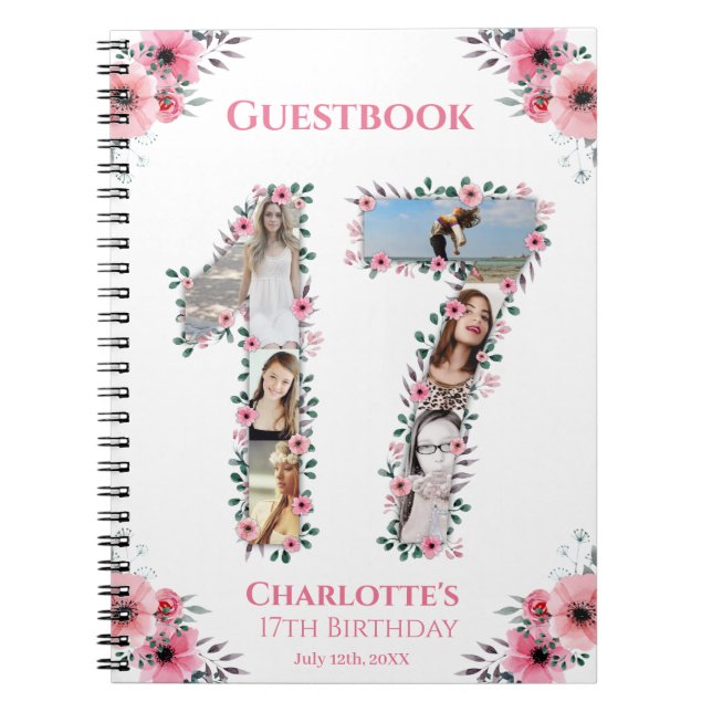 17th Birthday Photo Collage Pink Flower Guest Book (Front)