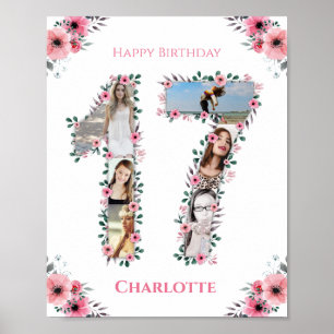 17th Birthday Pink Flower Girl Photo Collage White Poster