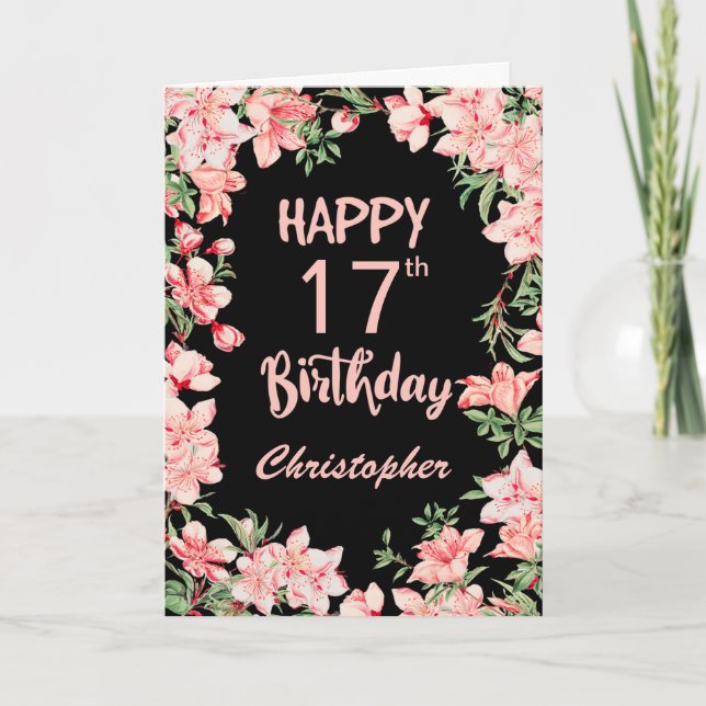 17th Birthday Pink Peach Watercolor Floral Black Card (Front)