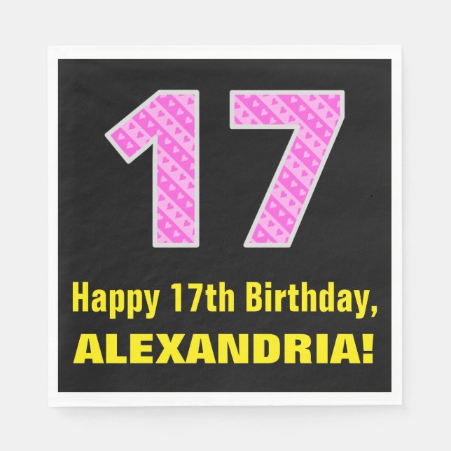 17th Birthday: Pink Stripes and Hearts "17" + Name Napkin (Front)
