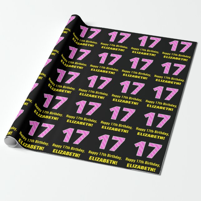 17th Birthday: Pink Stripes and Hearts "17" + Name Wrapping Paper (Unrolled)