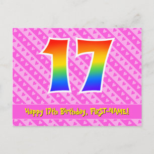 17th Birthday: Pink Stripes & Hearts, Rainbow 17 Postcard