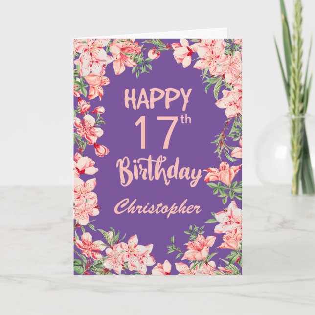 17th Birthday Purple Pink Peach Watercolor Floral Card (Front)