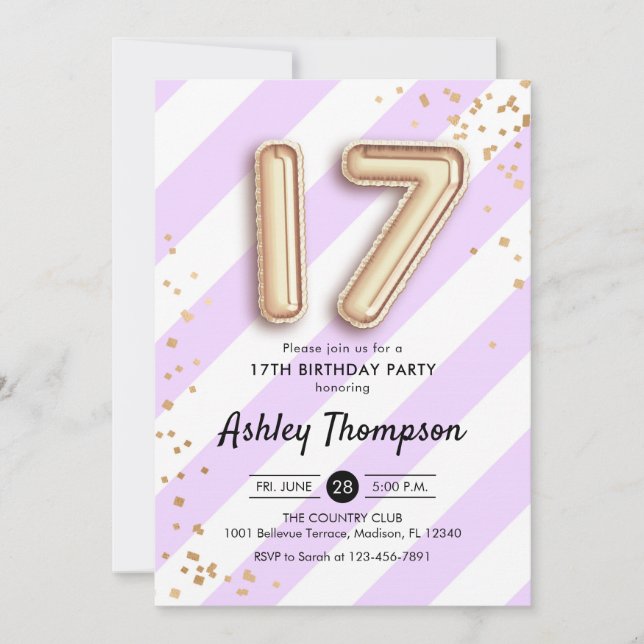 17th Birthday - Purple Stripes and Gold Balloons Invitation (Front)