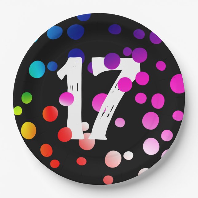 17th Birthday Rainbow Dots on Black Paper Plates (Front)